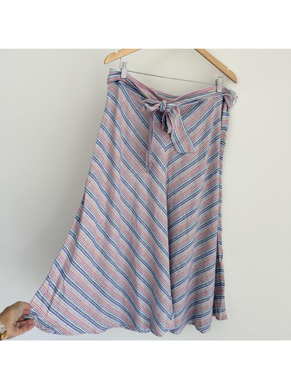Talbots Skirt Womens 16 Rainbow Striped Linen Cotton Chevron Midi A Line Boho